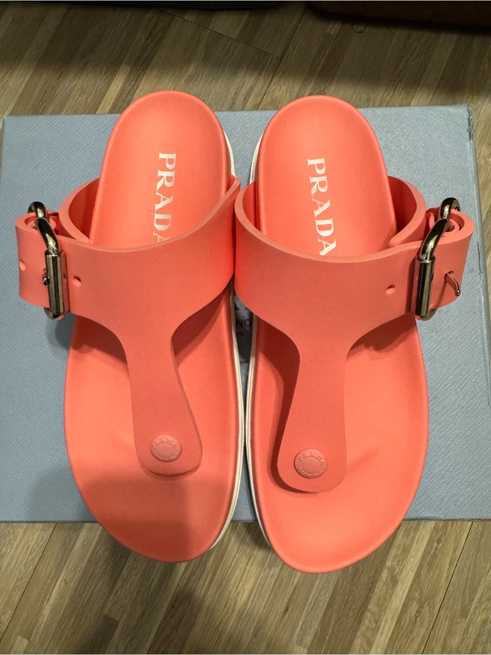 Prada Coral-Orange Buckle Thong Sandals